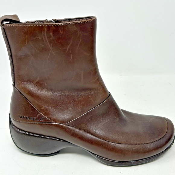 Merrell Waterproof Brown Leather Ankle Boots Size 7.5 Spire Side Zip Cushioned - Picture 1 of 12